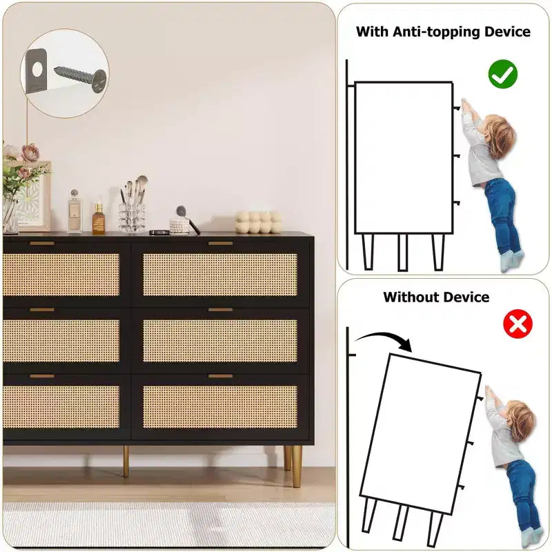 Cassettiera a sei cassetti in PB+MDF e Rattan Intrecciato - Mobiletto in Rattan, Superficie in Melamina a Tre Strati, Sei Cassetti, Piedini con Ferramenta Dorata
