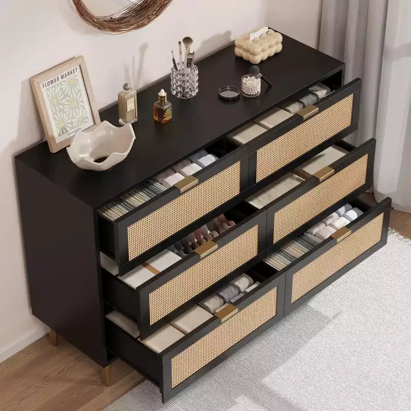 Cassettiera a sei cassetti in PB+MDF e Rattan Intrecciato - Mobiletto in Rattan, Superficie in Melamina a Tre Strati, Sei Cassetti, Piedini con Ferramenta Dorata