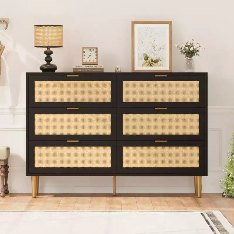 Cassettiera a sei cassetti in PB+MDF e Rattan Intrecciato - Mobiletto in Rattan, Superficie in Melamina a Tre Strati, Sei Cassetti, Piedini con Ferramenta Dorata