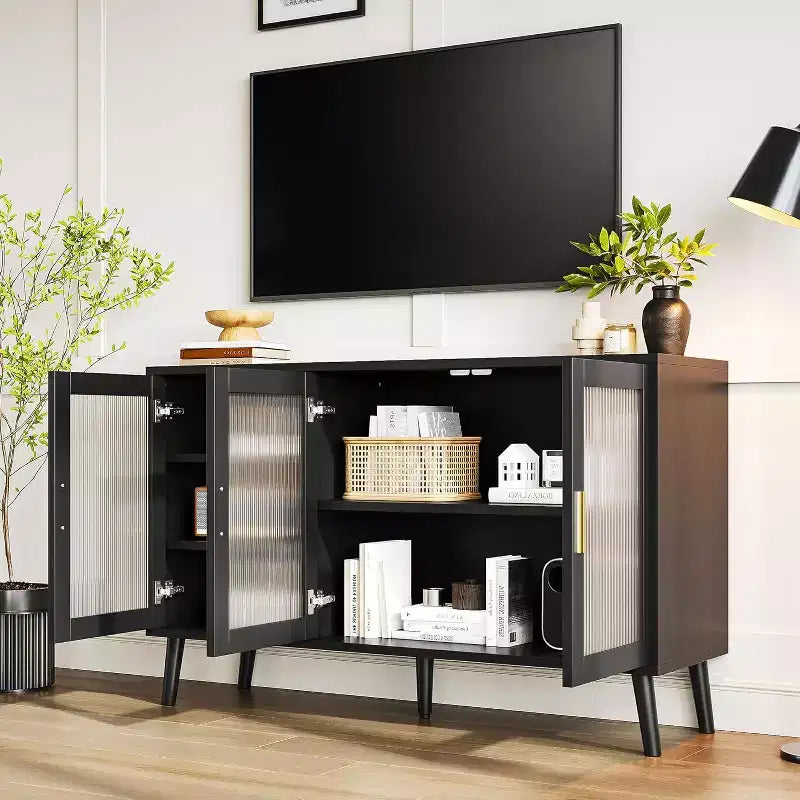 Mobile TV grande Acekool 48, supporto moderno con 3 ante in vetro scanalato, 5 ripiani regolabili, nero per soggiorno
