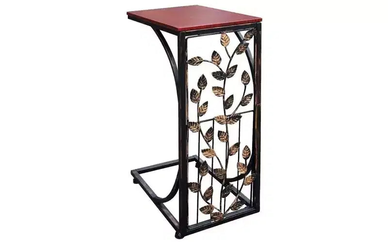 Single-layer P2 Density Board Type C Leaf Pattern Brown Desktop Black Powder Coating Side Table