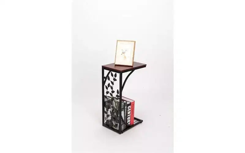 Single-layer P2 Density Board Type C Leaf Pattern Brown Desktop Black Powder Coating Side Table