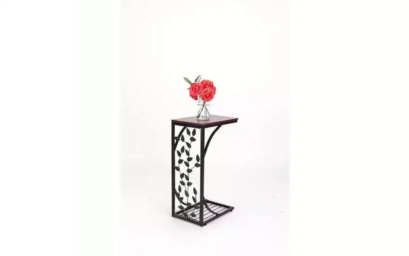 Single-layer P2 Density Board Type C Leaf Pattern Brown Desktop Black Powder Coating Side Table