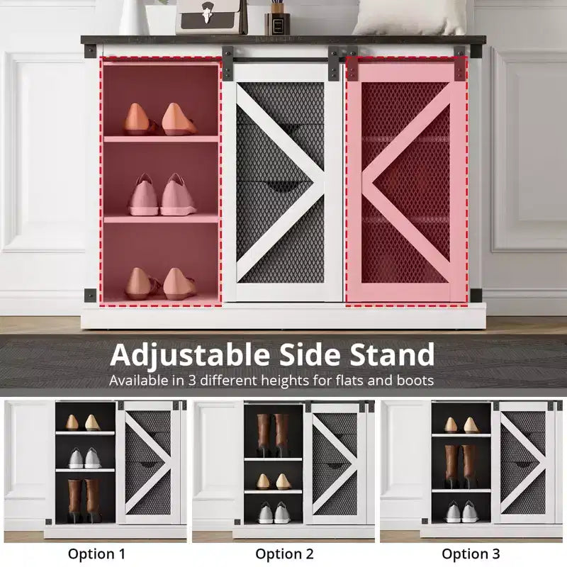 Mobile da ingresso 5-in-1 multifunzione con scarpiera, appendiabiti laterale regolabile, attaccapanni e tavolo da toeletta. Design angolare - Perfetto per l'ingresso