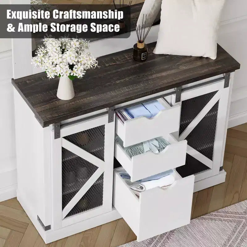 Mobile da ingresso 5-in-1 multifunzione con scarpiera, appendiabiti laterale regolabile, attaccapanni e tavolo da toeletta. Design angolare - Perfetto per l'ingresso