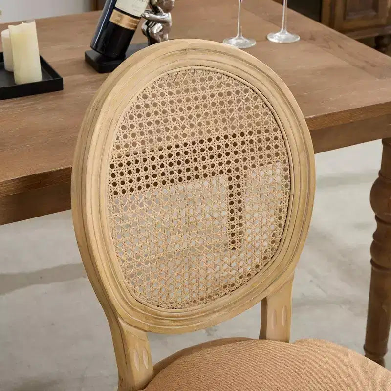 CLIHOME Set di 2 sedie da pranzo in stile francese con struttura in legno massello, pittura antica, tessuto di lino e schienale in rattan