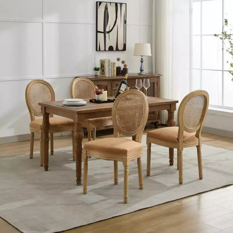 CLIHOME Set di 2 sedie da pranzo in stile francese con struttura in legno massello, pittura antica, tessuto di lino e schienale in rattan