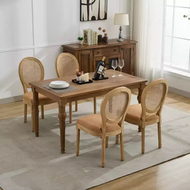 CLIHOME Set di 2 sedie da pranzo in stile francese con struttura in legno massello, pittura antica, tessuto di lino e schienale in rattan
