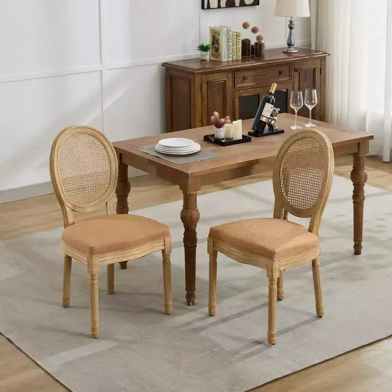 CLIHOME Set di 2 sedie da pranzo in stile francese con struttura in legno massello, pittura antica, tessuto di lino e schienale in rattan