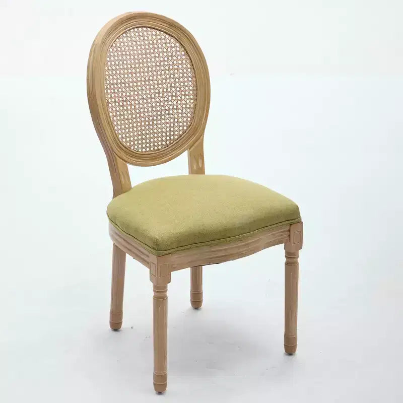 CLIHOME Set di 2 sedie da pranzo in stile francese con struttura in legno massello, pittura antica, tessuto di lino e schienale in rattan