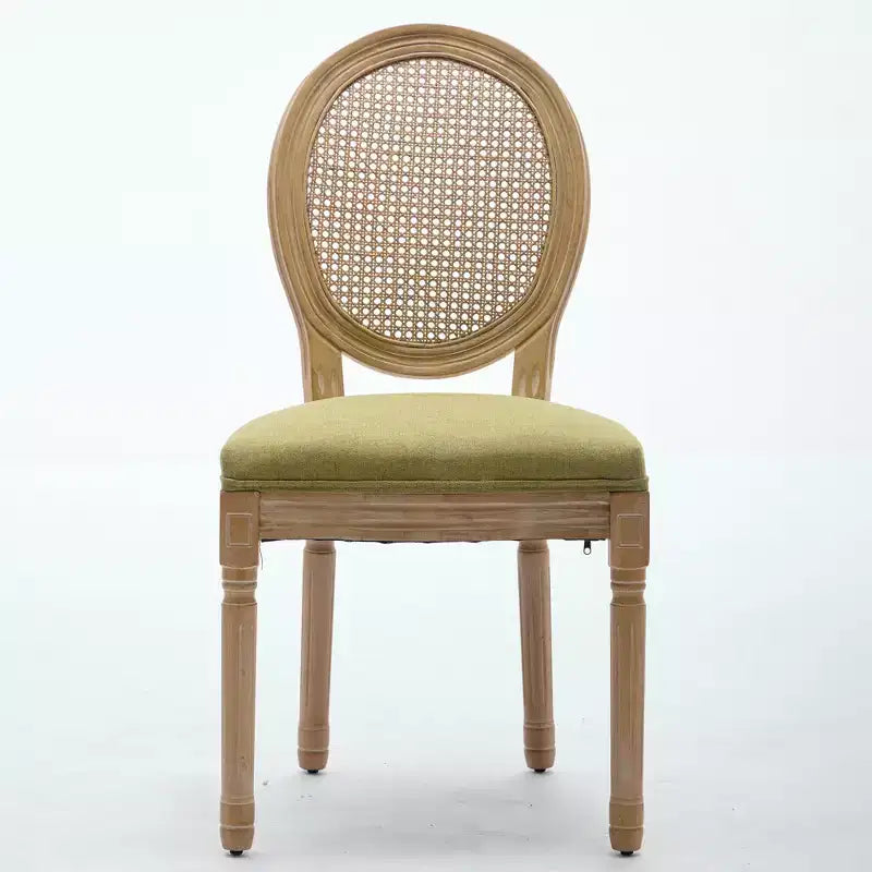 CLIHOME Set di 2 sedie da pranzo in stile francese con struttura in legno massello, pittura antica, tessuto di lino e schienale in rattan