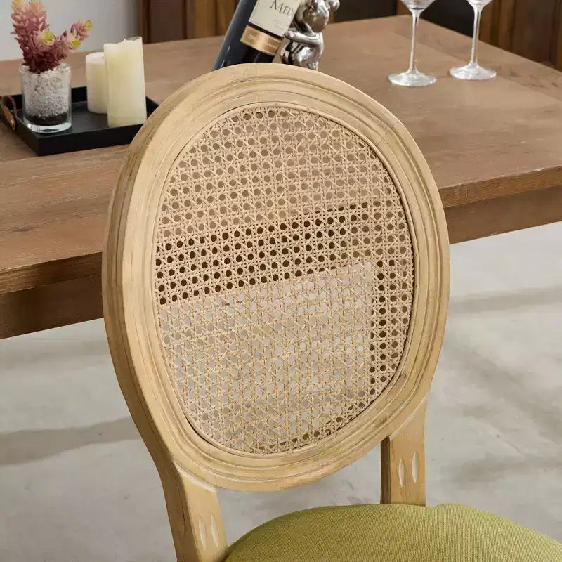 CLIHOME Set di 2 sedie da pranzo in stile francese con struttura in legno massello, pittura antica, tessuto di lino e schienale in rattan