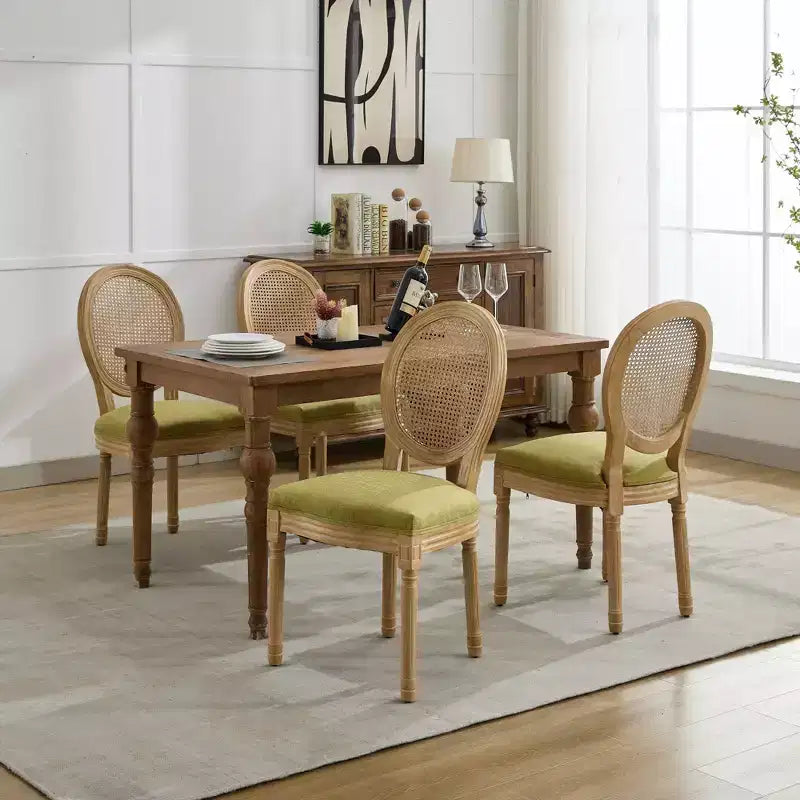 CLIHOME Set di 2 sedie da pranzo in stile francese con struttura in legno massello, pittura antica, tessuto di lino e schienale in rattan