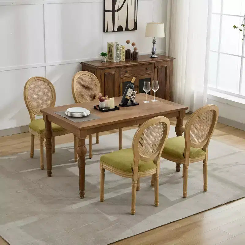 CLIHOME Set di 2 sedie da pranzo in stile francese con struttura in legno massello, pittura antica, tessuto di lino e schienale in rattan