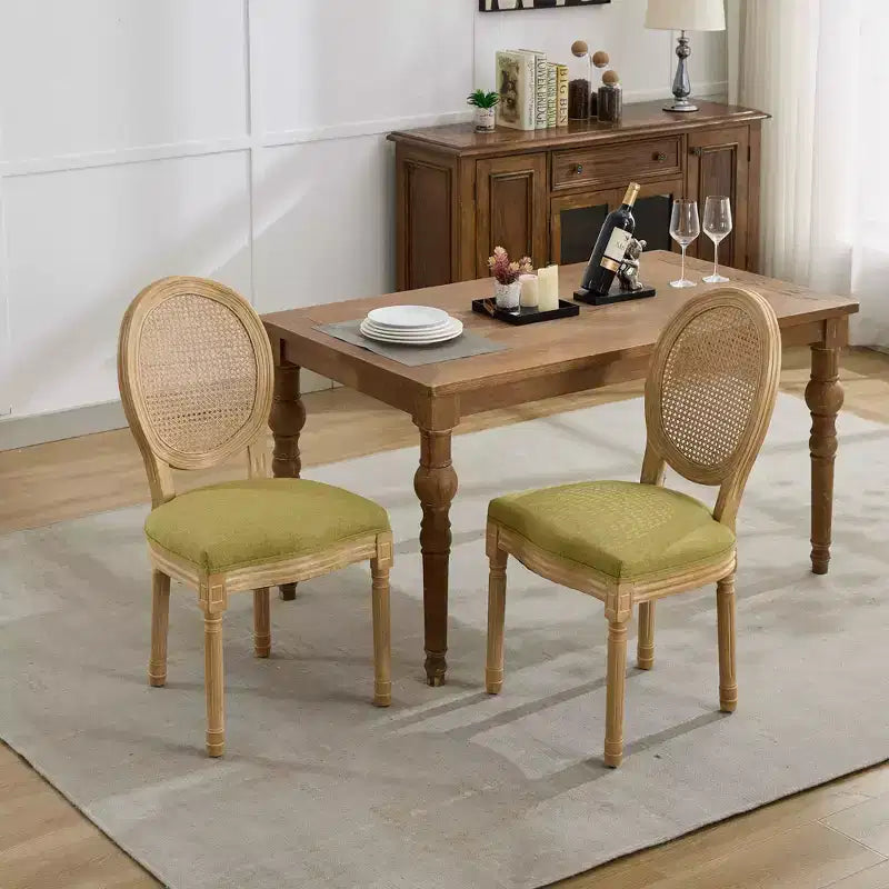 CLIHOME Set di 2 sedie da pranzo in stile francese con struttura in legno massello, pittura antica, tessuto di lino e schienale in rattan
