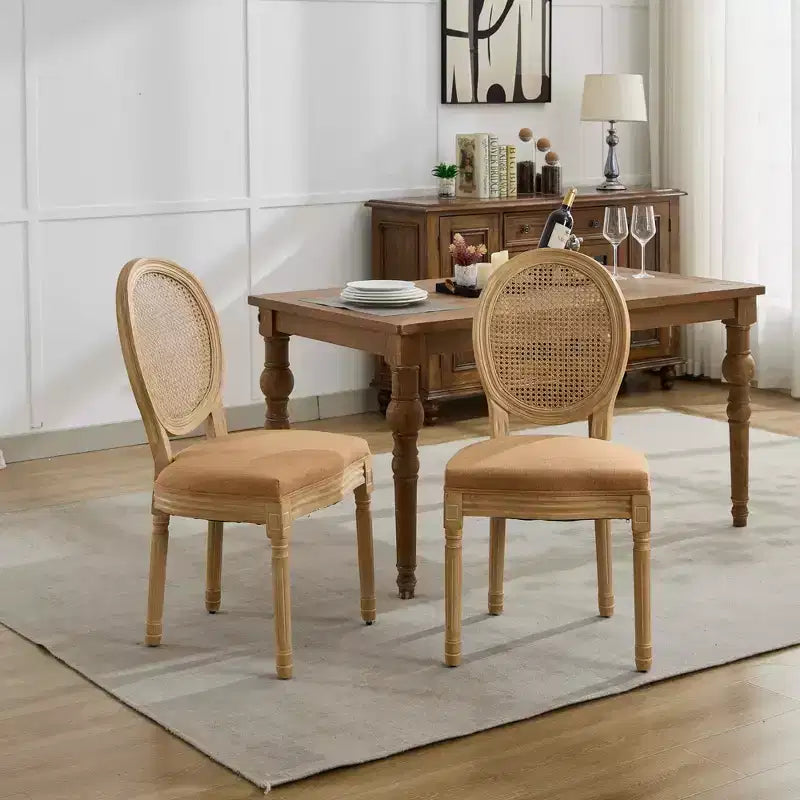 CLIHOME Set di 2 sedie da pranzo in stile francese con struttura in legno massello, pittura antica, tessuto di lino e schienale in rattan
