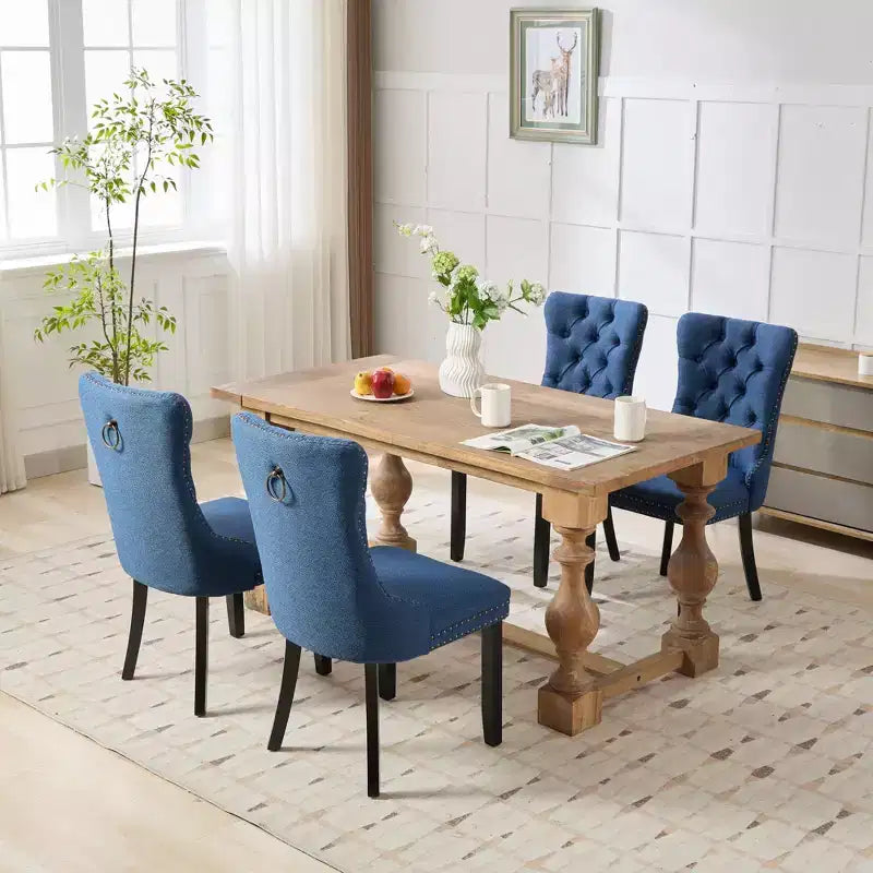 CLIHOME Set di 2 sedie da pranzo di lusso trapuntate in legno massello, imbottite in lino contemporaneo con gambe in legno e borchie decorative