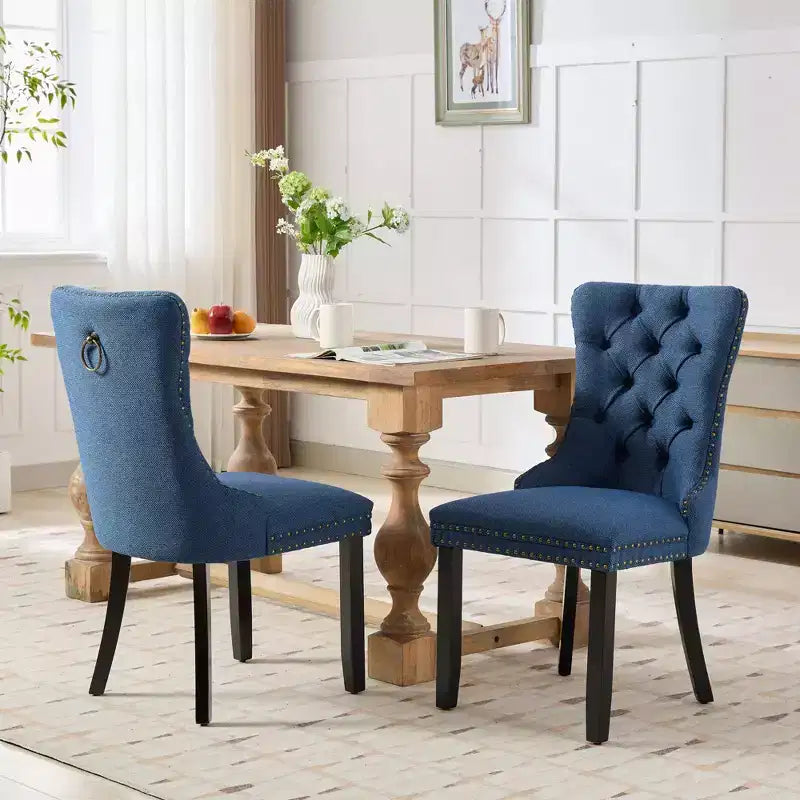 CLIHOME Set di 2 sedie da pranzo di lusso trapuntate in legno massello, imbottite in lino contemporaneo con gambe in legno e borchie decorative