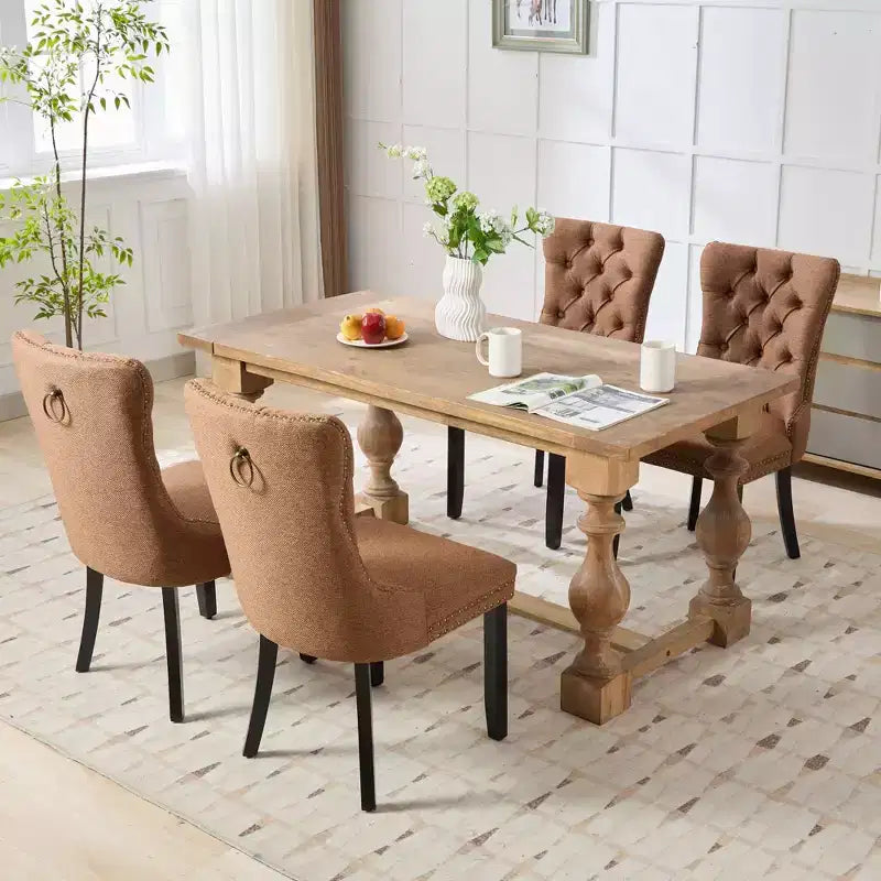 CLIHOME Set di 2 sedie da pranzo di lusso trapuntate in legno massello, imbottite in lino contemporaneo con gambe in legno e borchie decorative