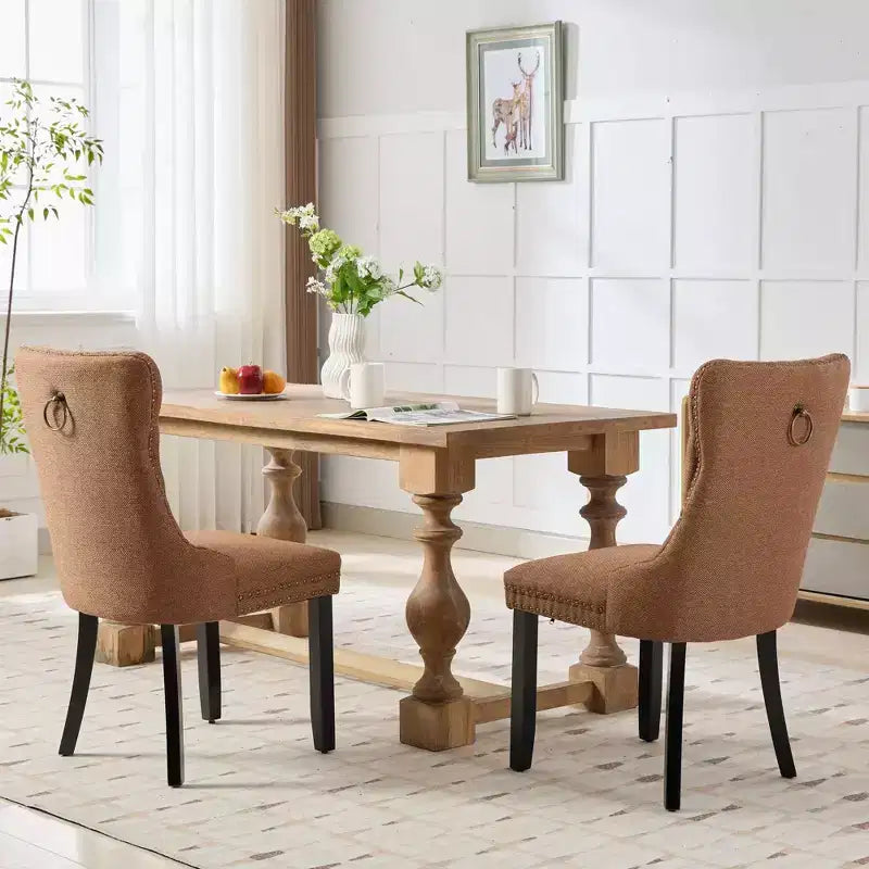 CLIHOME Set di 2 sedie da pranzo di lusso trapuntate in legno massello, imbottite in lino contemporaneo con gambe in legno e borchie decorative