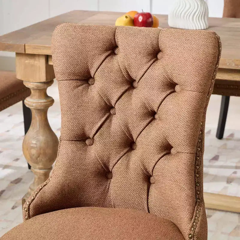 CLIHOME Set di 2 sedie da pranzo di lusso trapuntate in legno massello, imbottite in lino contemporaneo con gambe in legno e borchie decorative
