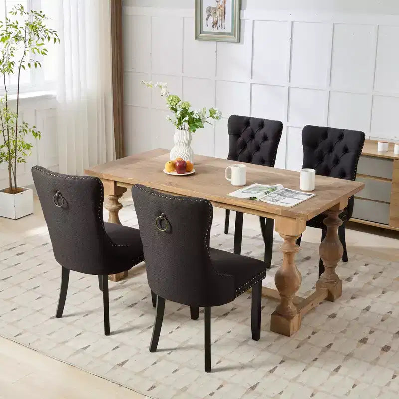 CLIHOME Set di 2 sedie da pranzo di lusso trapuntate in legno massello, imbottite in lino contemporaneo con gambe in legno e borchie decorative