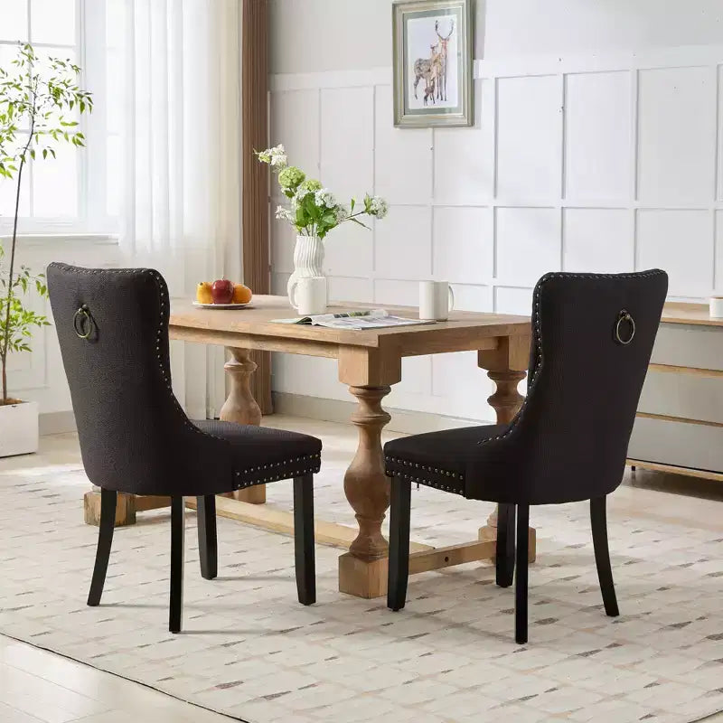CLIHOME Set di 2 sedie da pranzo di lusso trapuntate in legno massello, imbottite in lino contemporaneo con gambe in legno e borchie decorative