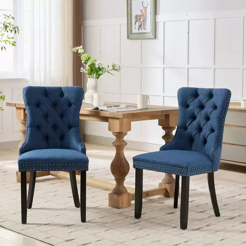 CLIHOME Set di 2 sedie da pranzo di lusso trapuntate in legno massello, imbottite in lino contemporaneo con gambe in legno e borchie decorative