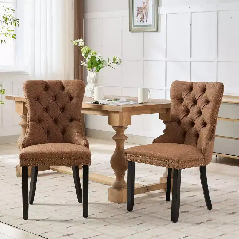 CLIHOME Set di 2 sedie da pranzo di lusso trapuntate in legno massello, imbottite in lino contemporaneo con gambe in legno e borchie decorative