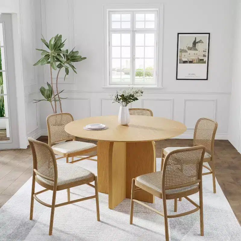 PexFix 45 x45 Tavolo da Pranzo Rotondo in Legno Massello con Finitura Naturale ed Eleganti Gambe ad Arco per Sale da Pranzo e Cucine Moderne