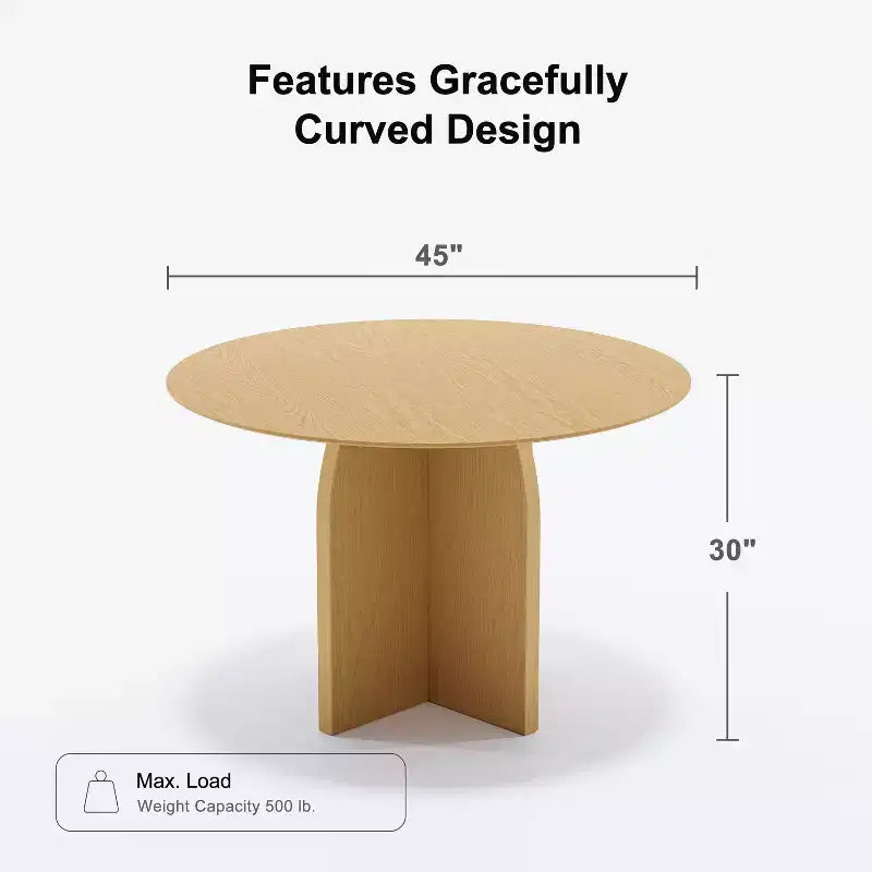 PexFix 45 x45 Tavolo da Pranzo Rotondo in Legno Massello con Finitura Naturale ed Eleganti Gambe ad Arco per Sale da Pranzo e Cucine Moderne