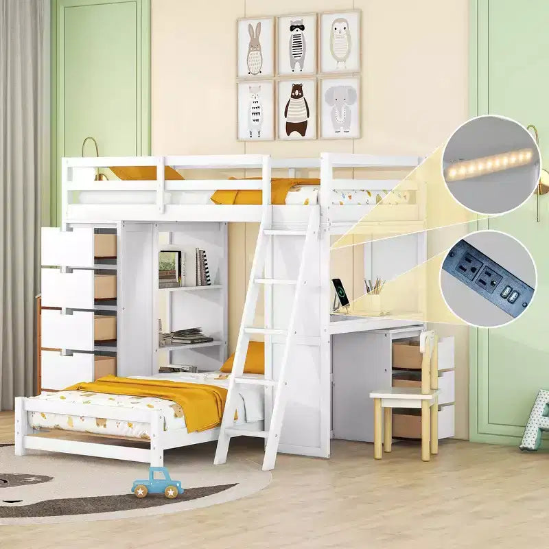 Letto a Castello Whisen "Twin over twin" con Cassetti, Ripiani, Scrivania, Luce LED e Porte di Ricarica