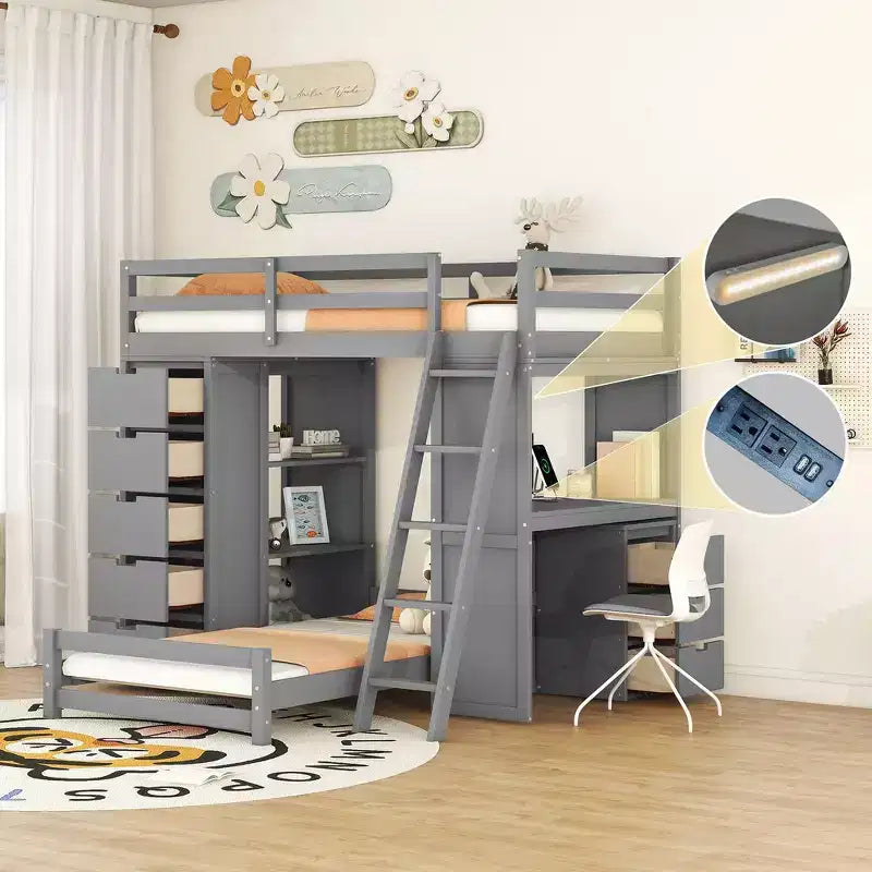 Letto a Castello Whisen "Twin over twin" con Cassetti, Ripiani, Scrivania, Luce LED e Porte di Ricarica
