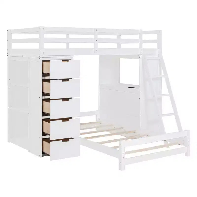 Letto a Castello Whisen "Twin over twin" con Cassetti, Ripiani, Scrivania, Luce LED e Porte di Ricarica