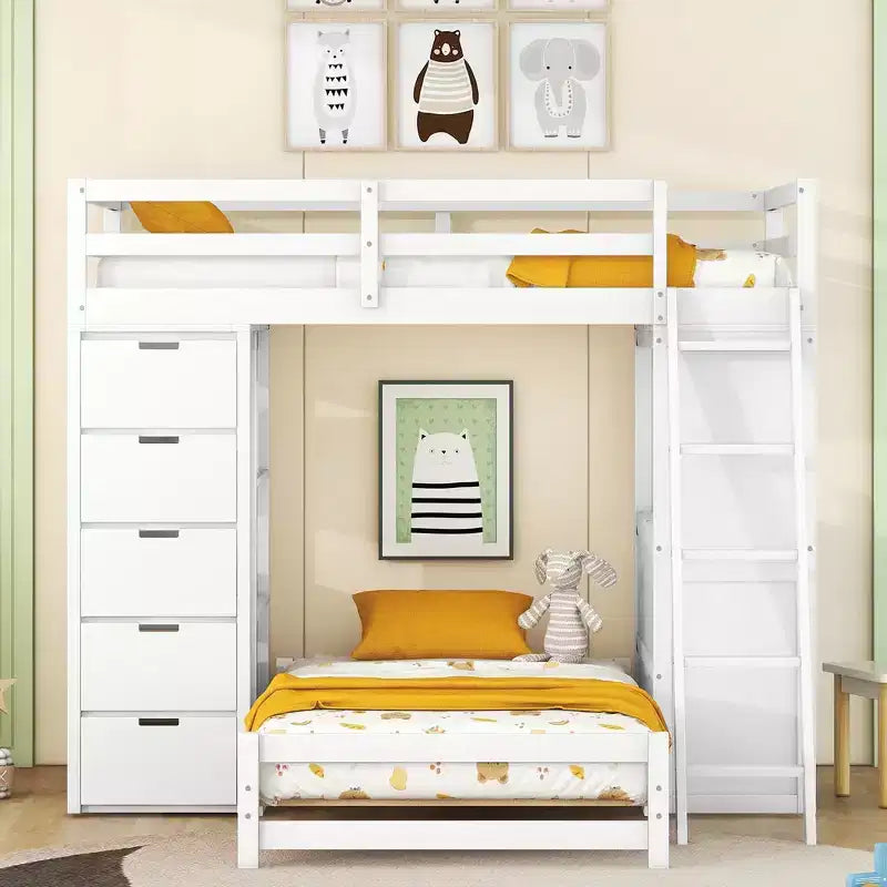 Letto a Castello Whisen "Twin over twin" con Cassetti, Ripiani, Scrivania, Luce LED e Porte di Ricarica