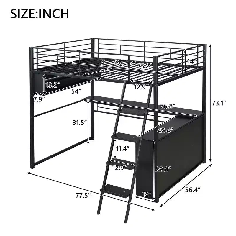 Letto a soppalco in metallo Whisen Full Size con LED, scrivania e 4 ripiani portaoggetti