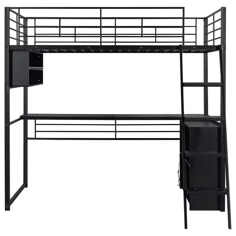 Letto a soppalco in metallo Whisen Full Size con LED, scrivania e 4 ripiani portaoggetti