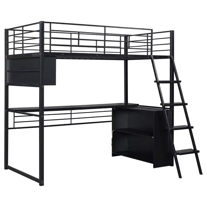 Letto a soppalco in metallo Whisen Full Size con LED, scrivania e 4 ripiani portaoggetti