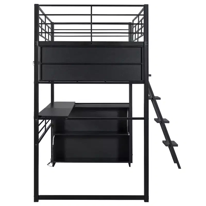 Letto a soppalco in metallo Whisen Full Size con LED, scrivania e 4 ripiani portaoggetti