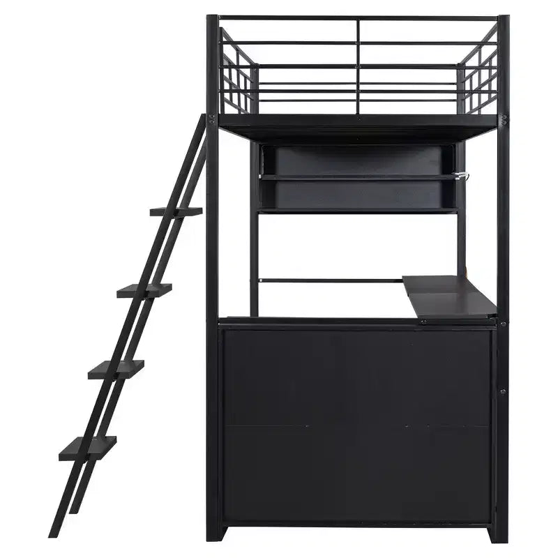 Letto a soppalco in metallo Whisen Full Size con LED, scrivania e 4 ripiani portaoggetti