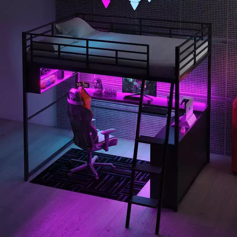 Letto a soppalco in metallo Whisen Full Size con LED, scrivania e 4 ripiani portaoggetti