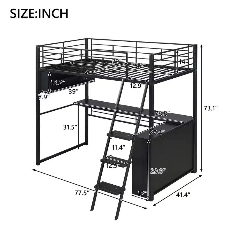 Letto a soppalco in metallo Whisen Full Size con LED, scrivania e 4 ripiani portaoggetti