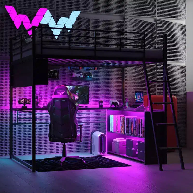 Letto a soppalco in metallo Whisen Full Size con LED, scrivania e 4 ripiani portaoggetti