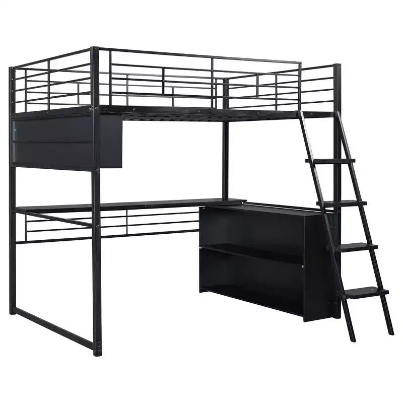 Letto a soppalco in metallo Whisen Full Size con LED, scrivania e 4 ripiani portaoggetti