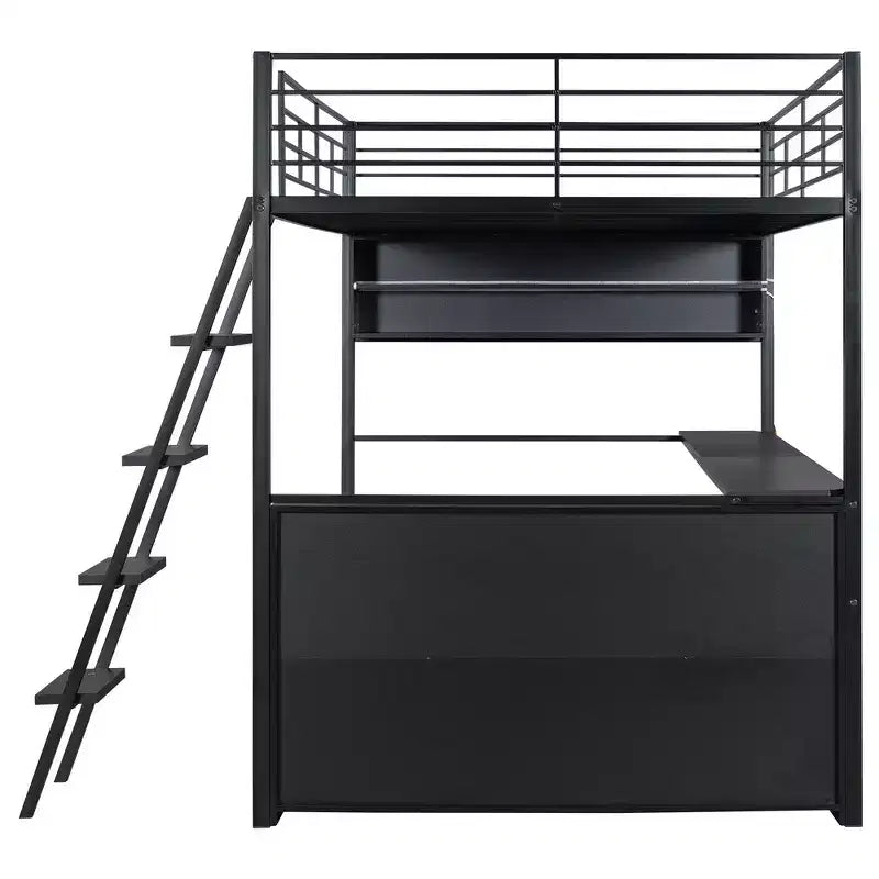 Letto a soppalco in metallo Whisen Full Size con LED, scrivania e 4 ripiani portaoggetti