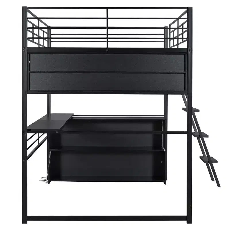 Letto a soppalco in metallo Whisen Full Size con LED, scrivania e 4 ripiani portaoggetti