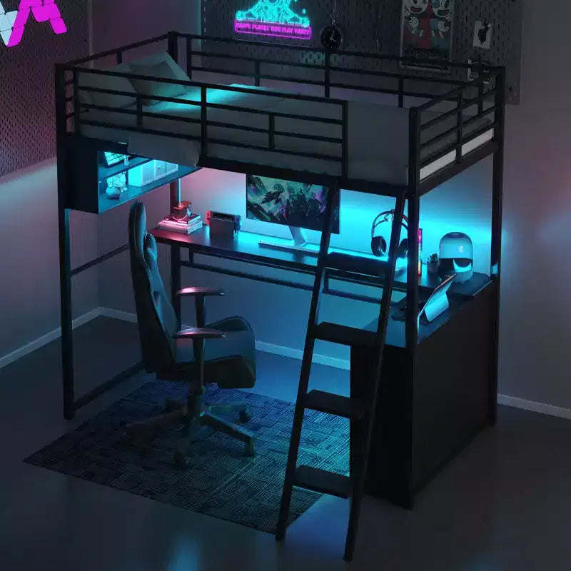Letto a soppalco in metallo Whisen Full Size con LED, scrivania e 4 ripiani portaoggetti