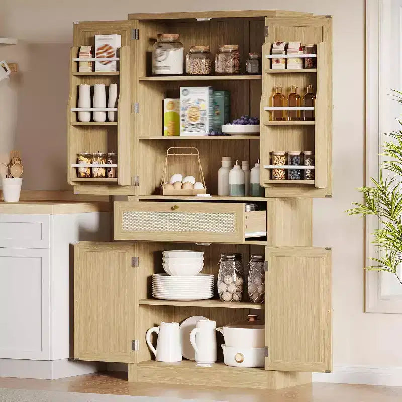 Dispensa da Cucina in Rattan Alta 183 cm con Cassetto, Ripiani Regolabili, Mobile Stile Rustico, Per Cucina, Sala da Pranzo, Bagno