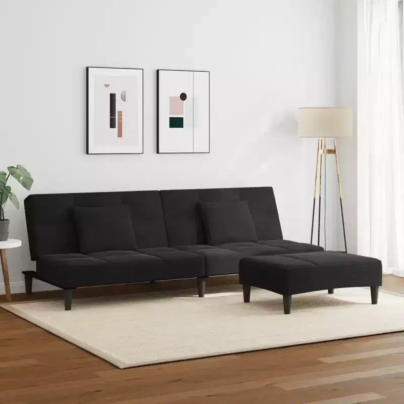 vidaXL Divano Letto a 2 Posti con Poggiapiedi Velluto Nero - Divano Letto Convertibile per Soggiorno/Ufficio