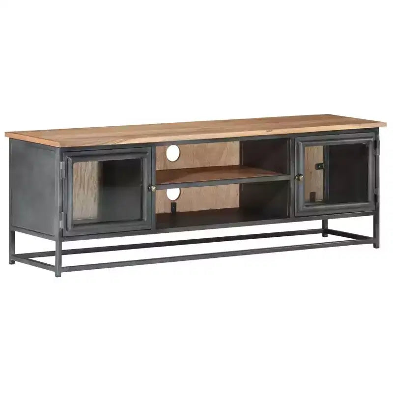 vidaXL Mobile TV in legno massello di acacia in stile industriale con gambe in acciaio - Mobile porta TV con ante in vetro e ampio spazio di archiviazione - Grigio